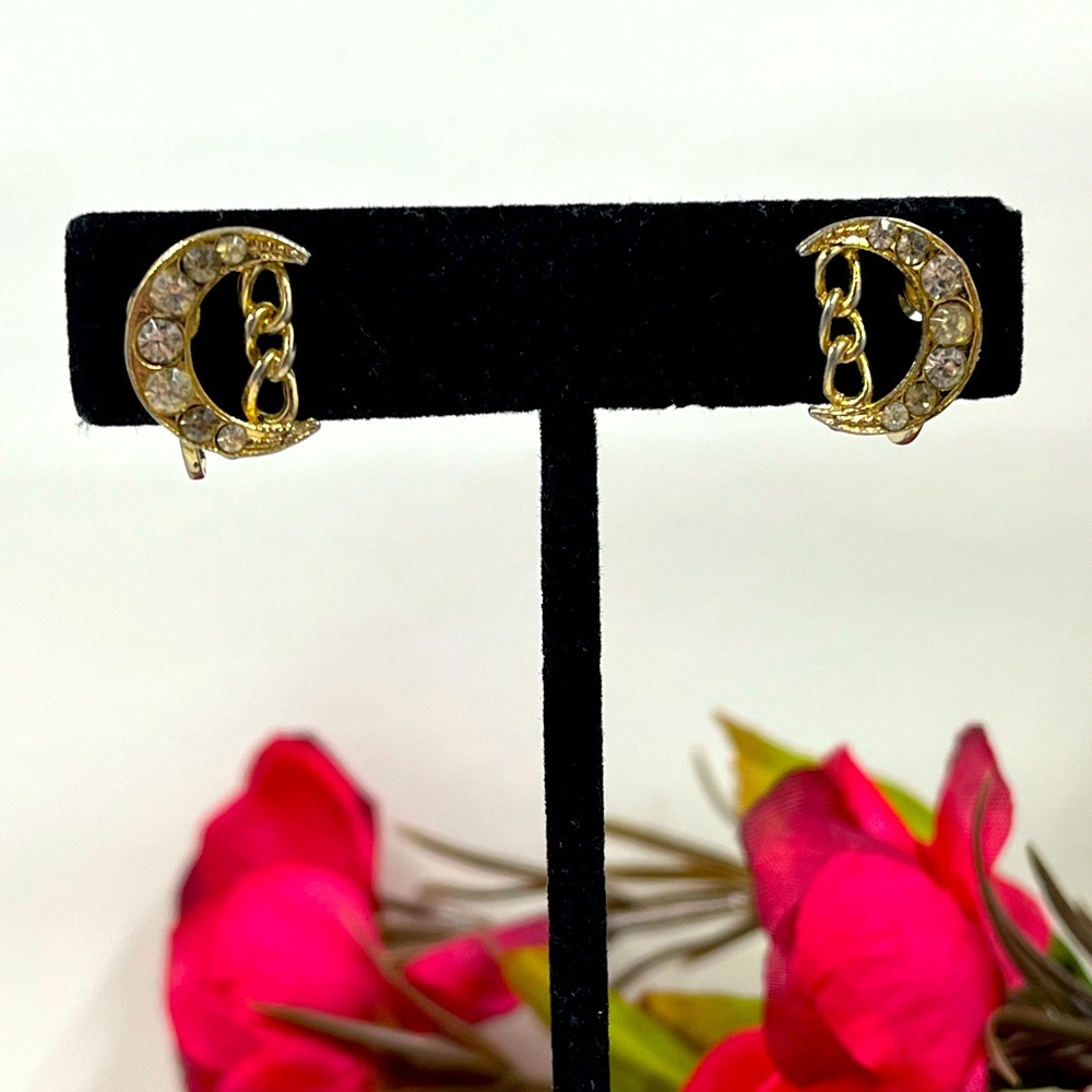Crescent Moon with Chain and Crystal Vintage Screwback Earrings
